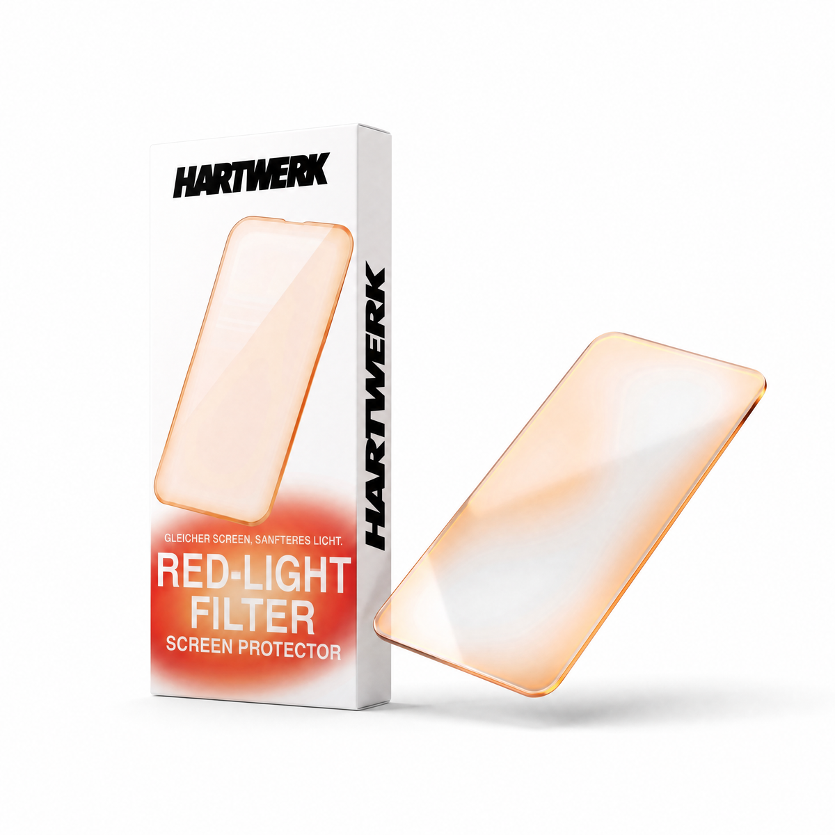 HARTWERK Red-Light Filter Displayschutz fürs iPhone, freigestellt auf weissem Grund