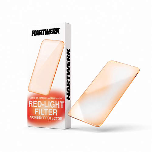 HARTWERK Red-Light Filter Displayschutz fürs iPhone, freigestellt auf weissem Grund