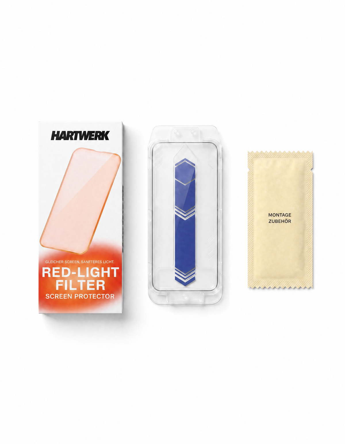 Lieferumfang des HARTWERK Red-Light Filter Displayschutzes: Verpackung, Glas im Montagetool und Reinigungstuch